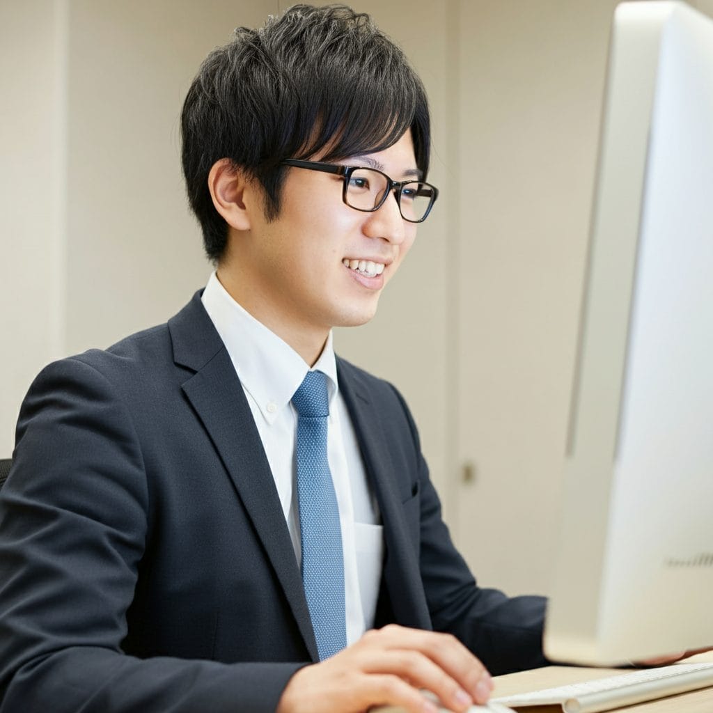 パソコンで記帳代行サービスの仕事をする眼鏡をかけた若い男性