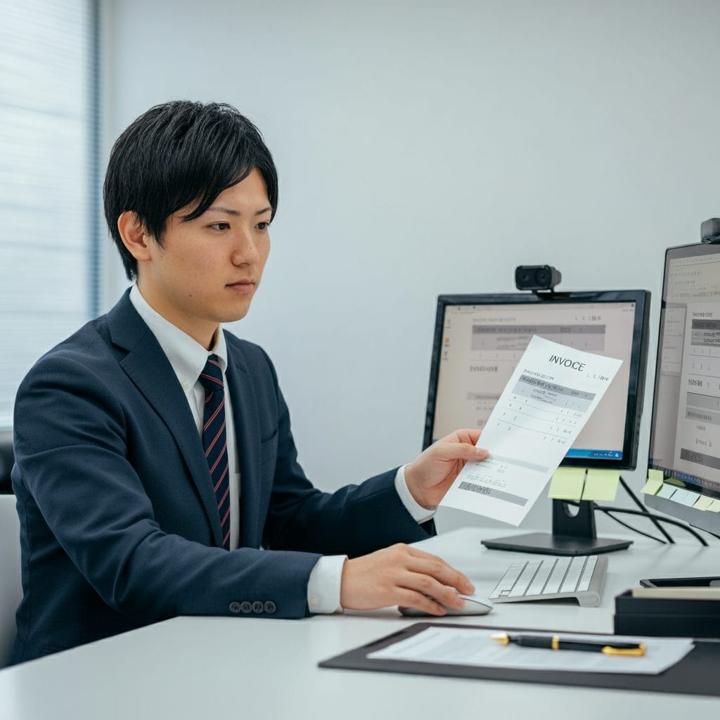 パソコンで請求書発行業務代行の仕事をする若い男性