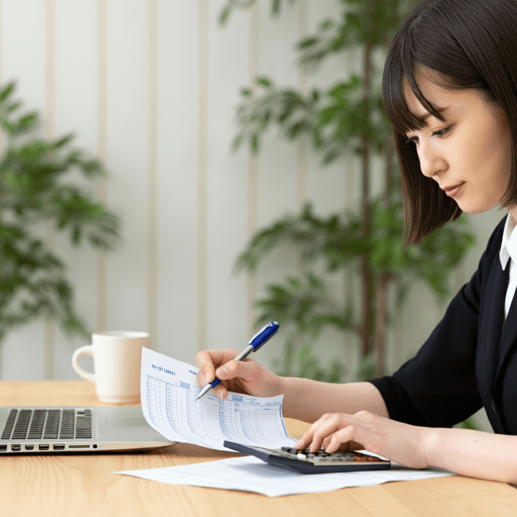 電卓で給与計算代行サービスの仕事をする若い女性