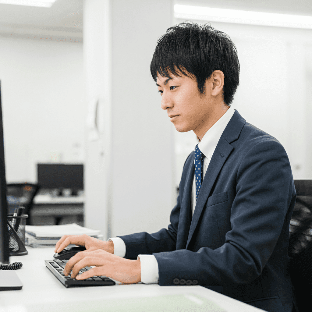 パソコンで振込代行の手続きをする若い男性